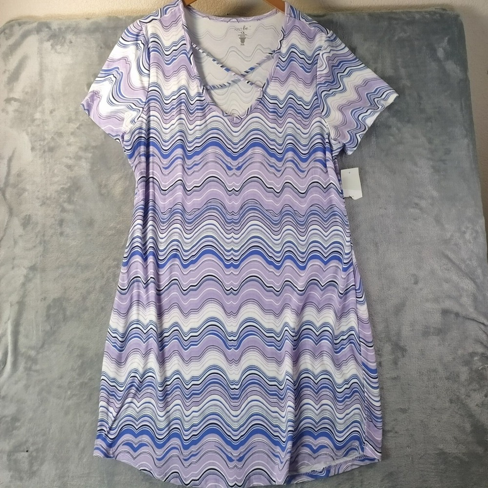 Just Be Womens 1X Plus Size Purple Wave Print Crisscross Neck Dress‎ Stretch